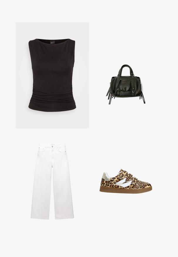 Olijfgroen, gekort jack van zacht suede-achtige stof. Heeft een staande kraag, een rits aan de voorkant en losse, brede mouwen.; Zwarte mouwloze top van rekbare stof, met een bootnek en geplooide details bij de taille, wat zorgt voor een getailleerde silhoët.; Witte wijde jeans van katoen, met een hoge taille, vijf-pocket ontwerp en koperen hardware accenten. Glad, niet-gedistressed textuur.; Leopardprint sneakers met drie klittenbandsluitingen, witte accenten en een gouden hiel detail. Rubberen zool, ronde neus, textuur bovenkant.; Zwarte lederen handtas met gevlochten handvatten, ritsvak en hangende franjes. Gelaagde oppervlakte met metalen studs en hardwareaccenten.