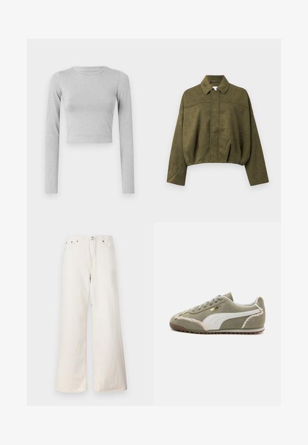 Olivgrüner, verkürzter Mantel aus weichem Wildlederähnlichem Material. Verfügt über einen Stehkragen, einen Reißverschluss vorne und lockere, weite Ärmel.; Hellgraues, kurz geschnittenes Langarmoberteil aus einem dehnbaren Stoff, mit einem einfachen runden Halsausschnitt und einer glatten Textur.; Weiße, weit geschnittene Denim-Hosen mit elastischem Zugband in der Taille, Fronttaschen und dezenten Nähten. Hergestellt aus strapazierfähigem Baumwollmaterial.; Grüne Wildleder-Sneaker mit weißen Lederakzenten, strukturiertem stitching, Schnürung vorne und Gummisohle. Verfügt über einzigartige Designdetails an den Seiten.