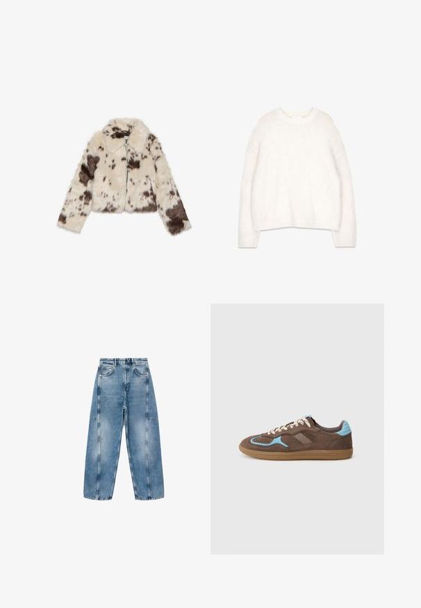 Kremskrāsas mākslīgās kažokādas īsā jaka ar tumši brūniem pleķiem, ar apkakli un priekšējo rāvējslēdzēju. Mīksta tekstūra un rakstains dizains.; Balts, pūkains džemperis ar apaļu kakla izgriezumu, garām piedurknēm un brīvu piegriezumu. Izgatavots no mīkstas, teksturētas auduma, ar ribotām piedurknēm un apakšmalu.; Gaiši zili džinsi piedāvā brīvu piegulšanu, lielas kabatas un kontrastējošu šuvumu. Audumam ir izbalējis apdare un gluda tekstūra.; Brūni zamša sporta apavi ar gaiši ziliem akcentiem, baltiem šņorēm un guma zoli, parādīti sānu profilā uz vienkārša balta fona.