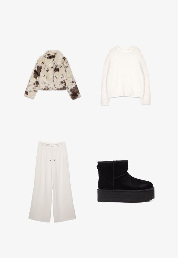 Cropped Jacke aus Kunstfell in Creme mit dunkelbraunen Flecken, ausgestattet mit einem Kragen und einem Frontreißverschluss. Weiche Textur und gemustertes Design.; Weißer, flauschiger Pullover mit rundem Ausschnitt, langen Ärmeln und lockerer Passform. Hergestellt aus weichem, strukturiertem Stoff, mit gerippten Bündchen und Saum.; Cremfarbene, weit geschnittene Hosen aus weichem Stoff, mit elastischem Bund, Kordelzug und Seitentaschen. Glatte Textur.; Schwarze Wildleder-Stiefeletten mit einer dicken Plattformsohle und weichem Futter. Abgeschlossen mit Nähakzenten und einer hinteren Schlaufe für einfaches Anziehen.