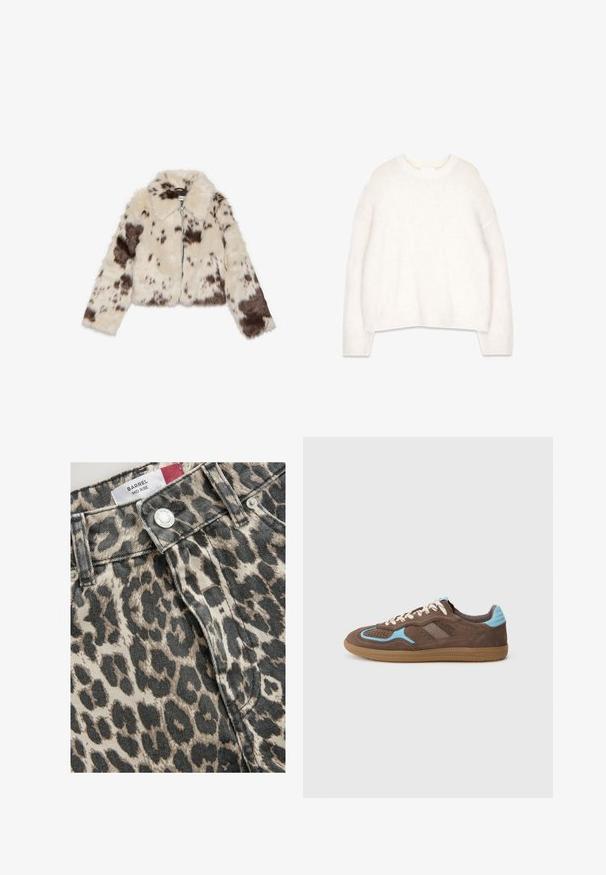 Faux fur cropped jacket in cream with dark brown spots, featuring a collar and front zipper. Soft texture and patterned design.; White, fluffy sweater with a round neckline, long sleeves, and a relaxed fit. Made from soft, textured fabric, featuring ribbed cuffs and hem.; Mid-rise leopard print jeans made of denim featuring a mix of beige and black colors; includes a metal button and front closure.; Brown suede sneaker with light blue accents, white laces, and gum sole, shown in side profile on plain white background.