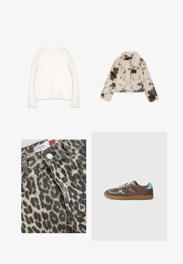 Faux fur kort jacka i crème med mörkbruna fläckar, med krage och framzipper. Mjuk textur och mönstrad design.; Vit, fluffig tröja med rund halsringning, långa ärmar och avslappnad passform. Tillverkad av mjukt, texturerat tyg och har ribbade ärmslut och nederkant.; Next TALL FIT - BARREL - Jeans relaxed fit - leopard print; Bruna mockasiner med ljusblå detaljer, vita snörning och gummisula, visade i sidoprofil mot en enkel vit bakgrund.