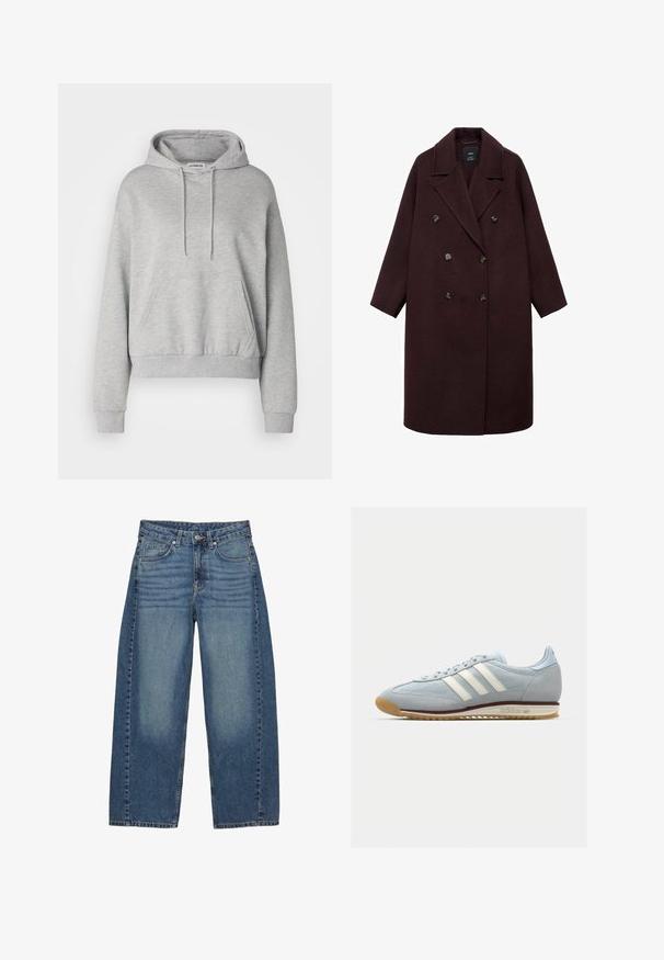 Burgundski volneno dvojno zapenjan plašč z izrezanimi reversi, šestimi okroglimi gumbi in dolgimi rokavi; mehak otip, prilagojena silhueta.; Siva kapuca iz mešavine bombaža, z zaprto žepom, kapuco s vezicami, dolgimi rokavi in ribanim manšetami in dnom.; Široke modre kavbojke iz denima, s klasičnim pet-pocket dizajnom, s patečim pranjem in tonom šivanja.; Svetlo modri semiš copati s belimi tremi črtami, gumijastim podplatom in teksturirano mrežico. Imajo gladek pokrov prstov in blagovno znamko na peti.