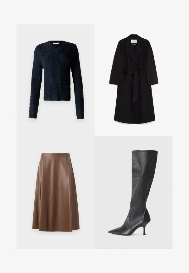 Schwarzer Mantel aus Wollmischung mit klassischem Kragen, langen Ärmeln und zwei aufgesetzten Vordertaschen. Glatte Textur und knielanges Design.; Dunkelblauer gestrickter Pullover mit V-Ausschnitt, langen Ärmeln, strukturiertem Rippmuster und leicht verkürztem Saum.; Brauer A-Linie Rock aus Leder mit glatter Textur und mittellangem Saum. Verfügt über einen taillierten Bund und eine leichte Ausweitung ab den Hüften.; Knöchelhoche schwarze Lederstiefel mit einer spitzen Zehe und einem schlanken Stiletto-Blockabsatz. Glatte Textur mit einer enganliegenden Passform und Nähten am oberen Rand.