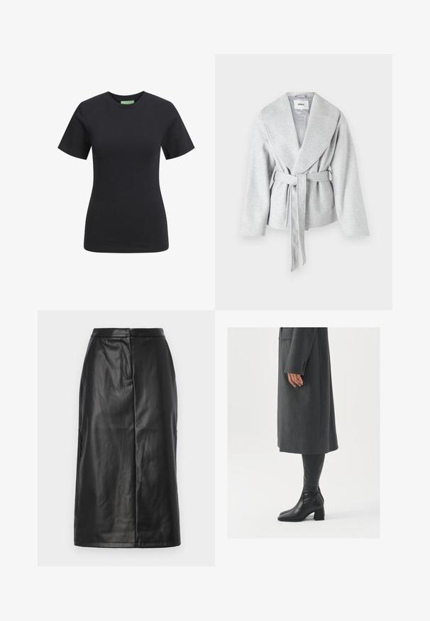 Hallide halliga mantel suure kraega, pikad varrukad ja vöökohale seotud rihm; valmistatud pehmest ja tekstureeritud kangast.; Mustjärk lühikeste varrukatega T-särk ümmarguse kaelusega, valmistatud siledast puuvillakangast, millel on slim fit ja ei ole nähtavaid mustreid ega aktsente.; Must must nahkseelik, millel on istuv siluett, sujuv tekstuur, keskmise pikkusega disain ja diskreetne õmbluste detail. Ilma juurdeehitusteta.; Hallhalline, kohandatud ülikond jakk sirge lõikega; kombineeritud kuni põlveni ulatuvate mustade nahast saapadega, millel on nelinurkne varvas ja paks konts.