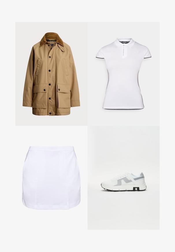 Polo Ralph Lauren COTTON UTILITY JACKET - Nyári dzseki - vintage khaki; Fehér póló rövid ujjal, gallérral és elől gombos záródással. Fekete díszítések az ujjakon és az oldalvarrásokon. Puha, sima tapintás.; Fehér szoknya, könnyű anyagból, sima textúrával, egyszerű dizájnnal, látható varrásokkal és oldalsó zsebekkel.; Fehér sportcipő szürke kiemelésekkel, textúrázott felső résszel, vastag talppal és kontrasztos fekete sarokrésszel. Fűzős kialakítás, hálós panellel.