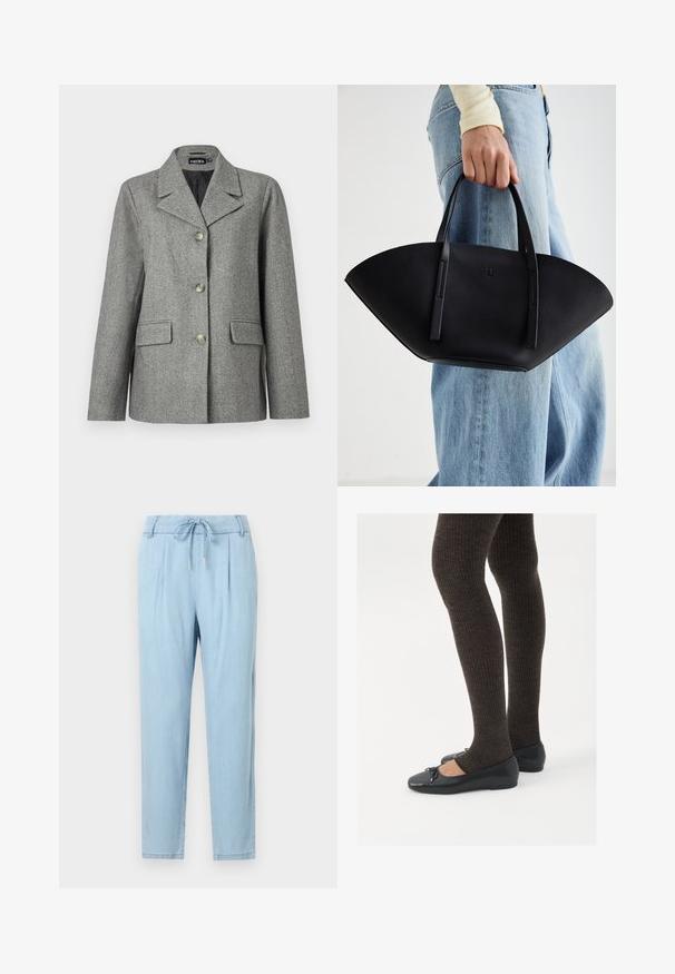 Szürke halszálkás blézer, kihajtott gallérral, három gombos záródással, két elülső zsebbel és strukturált fazonnal. Sima anyag és elegáns tervezés.; Fehér, hosszúujjú blúz, fodros szegéllyel az ujjakon, Péter Pál gallérral és megkötött masnival, valamint gombbal záródó mandzsettákkal.; Világoskék, len keverék nadrág, illetve húzózsinóros derékkal, szűkített lábakkal és oldalsó zsebekkel. Simább textúra; nincs látható minta vagy díszítés.; Fekete lapos cipők kis masni díszítéssel az orrán, sötétbarna bordázott harisnyával párosítva. A cipők sima textúrával és alacsony profilúak.; Fekete bőr kézitáska egyedi legyezőformával, lapos füllel. A felülete kőriszerű textúrájú és minimalista dizájnnal rendelkezik.