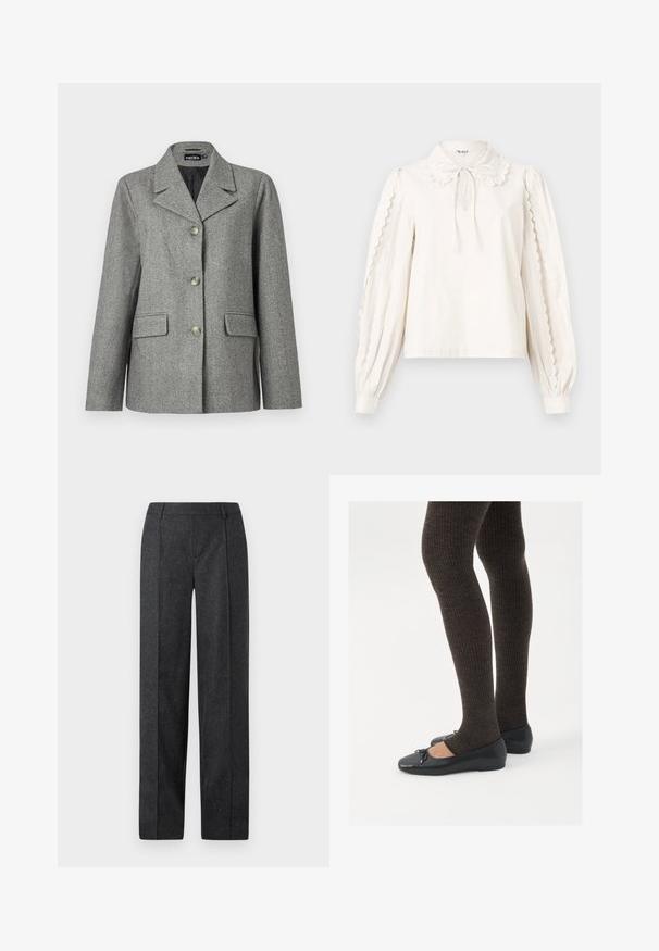 Gray herringbone blazer with notched collar, three button closure, two front pockets, and a structured fit. Smooth fabric and tailored design.; White long-sleeve blouse with scalloped edges on sleeves, a Peter Pan collar with a tied bow, and buttoned cuffs.; Dark gray tailored trousers with a straight-leg design, textured fabric, and subtle flecks. Features a flat front and belt loops.; Black flat shoes with a small bow detail at the toe, paired with dark brown ribbed tights. Shoes have a smooth texture and low profile.