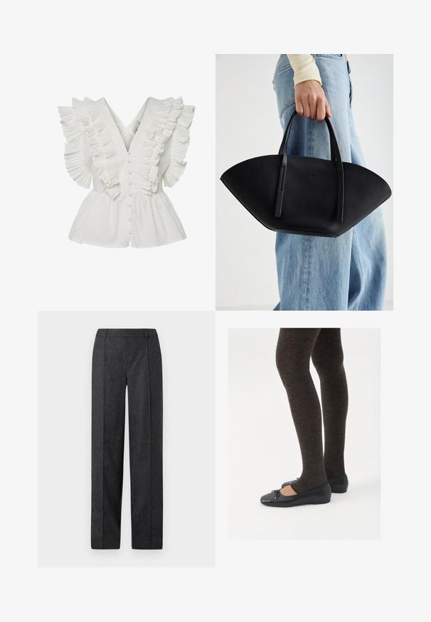 Blazer grigio a zigzag con colletto a rever, chiusura a tre bottoni, due tasche frontali e vestibilità strutturata. Tessuto liscio e design su misura.; Blusa bianca con scollatura a V, maniche arricciate con pieghe e chiusura frontale con bottoni. L'orlo svasato aggiunge volume e contrasto.; Pantaloni tailored grigio scuro con design a gamba dritta, tessuto testurizzato e sottili venature. Presentano un davanti piatto e passanti per cintura.; Scarpe nere a flat con un piccolo fiocco sulla punta, abbinate a collant a coste marrone scuro. Le scarpe hanno una texture liscia e un profilo basso.; Borsa a tracolla in pelle nera con una forma a ventaglio unica, dotata di manici piatti. La superficie presenta una texture a ciottoli e un design minimalista.