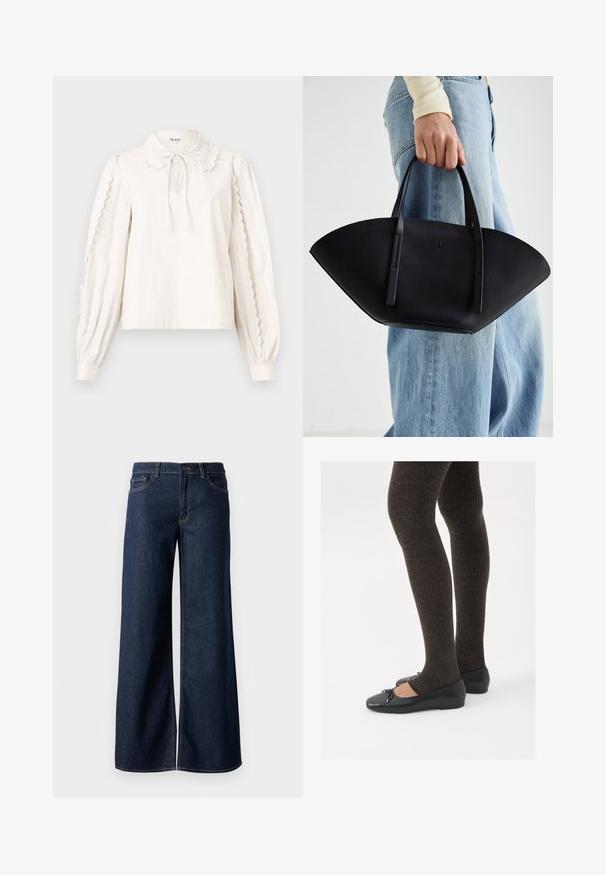 Halli hall pattern'iga hall jakk, lüliti, kahe taskuga ja struktureeritud istuvus. Sile kangas ja kohandatud disain.; Valge pikkade varrukatega pluus, mille varrukate servades on lainelised ääred, Peter Pani krae koos nööritud paelaga ja nööpidega mansetid.; Laiad teksad tumesinises denimis. Omab kontrastõmblusi, viit taskut ja nupukinnitust vööl. Sile tekstuur.; Mustad mustad kingad väikese teksaga varvaste juures, koos tumedate pruunide ribakangastega. Kingadel on sile tekstuur ja madal profiil.; Must mustra kott, millel on unikaalne fännikujuline disain, millel on lapikud käepidemed. Pinna tekstuur on kivikujuline ja disain on minimalistlik.