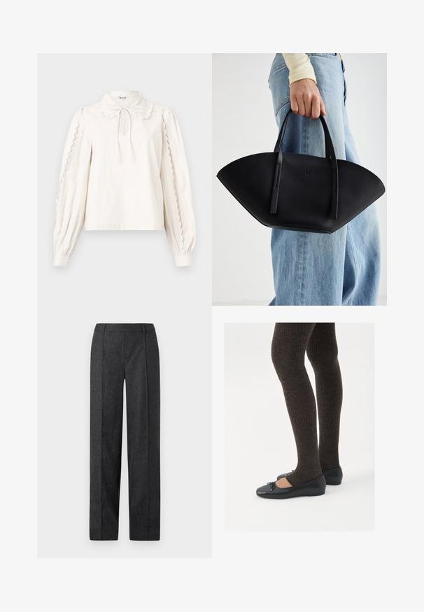 Sivi sako u riblju kost s izrezanim reverom, zatvaranjem na tri gumba, dva prednja džepa i strukturiranim krojem. Glatka tkanina i krojeni dizajn.; Bijela bluzica dugih rukava s valovitim rubovima na rukavima, Peter Pan ovratnikom sa zavezanom mašnom i dugmadima na manžetama.; Tamno sivi krojeni hlače ravnog kroja, teksturirane tkanine i suptilnih flekica. Sadrže ravni prednji dio i petlje za pojas.; Crne ravne cipele s malim mašnom na vrhu prstiju, uparene s tamnosmešnim rebrovanim čarapama. Cipele imaju glatku teksturu i nizak profil.; Crna kožna torba jedinstvenog oblika ventilatora, s ravnim ručkama. Površina ima teksturu sličnu šljunku i minimalistički dizajn.