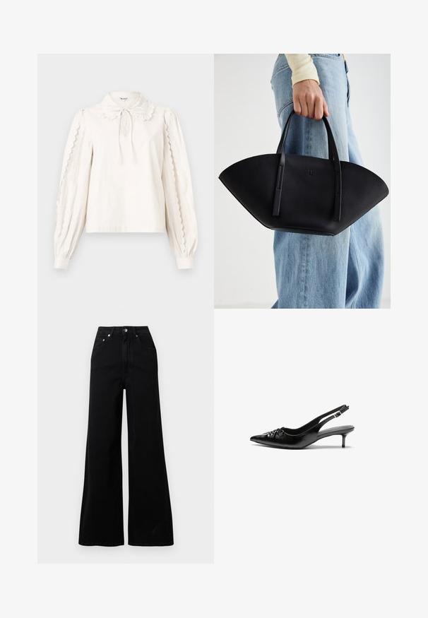 Grå herringbone-blazer med slagkrage, treknappstängning, två framfickor och en strukturerad passform. Slät tyg och skräddarsydd design.; Vit långärmad blus med vågiga kanter på ärmarna, en Peter Pan-krage med en knuten rosett och knappade manschetter.; Svarta jeans med vida ben i denim, med hög midja, fem fickor, knäppning framtill och minimalistiska söm-detaljer.; Svarta läder slingback klackar med spetsig tå, liten kittenklack och en dekorativ knutdetalj på framsidan. Slät textur hela vägen.; Svart läderhandväska med en unik fläktform, som har platta handtag. Ytan har en pebblad textur och en minimalistisk design.