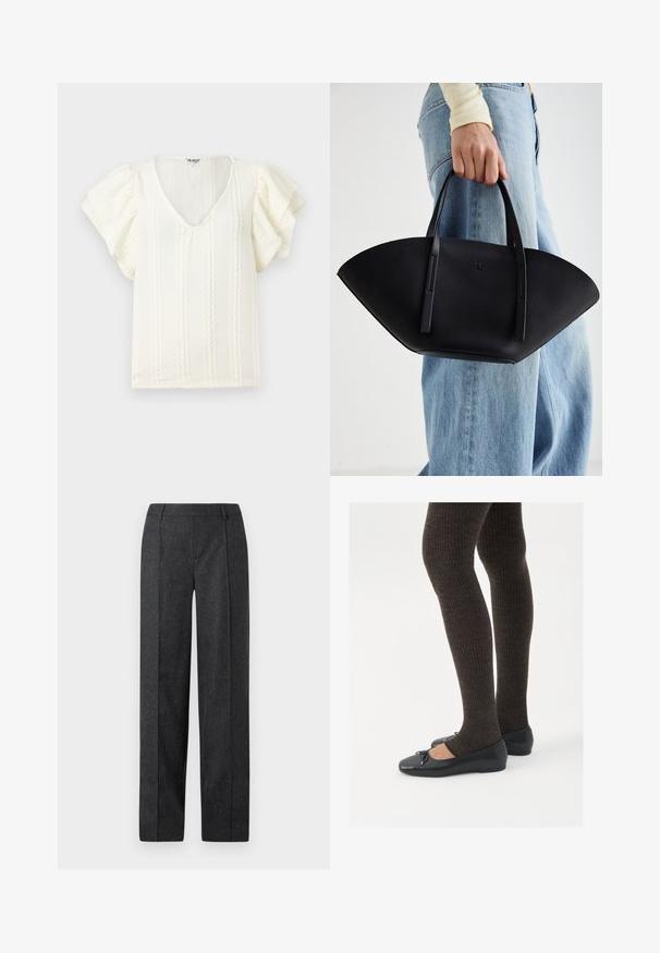 Grå fiskebensmønster blazer med notched krage, tre knappelukkinger, to frontlommer og en strukturert passform. Glatt stoff og skreddersydd design.; Hvit bluse med korte, volangermer, V-hals og vertikale teksturerte striper. Lett stoff med en subtil, myk glans.; Mørk grå skreddersydde bukser med rett ben-design, teksturert stoff og subtile partikler. Har flat front og beltehemper.; Sorte flate sko med en liten sløyfedetalj på tåen, kombinert med mørkebrune ribbede strømpebukser. Skoene har en glatt overflate og lav profil.; Svart skinnveske med en unik vifteform, med flate håndtak. Overflaten har en pebblelignende tekstur og et minimalistisk design.