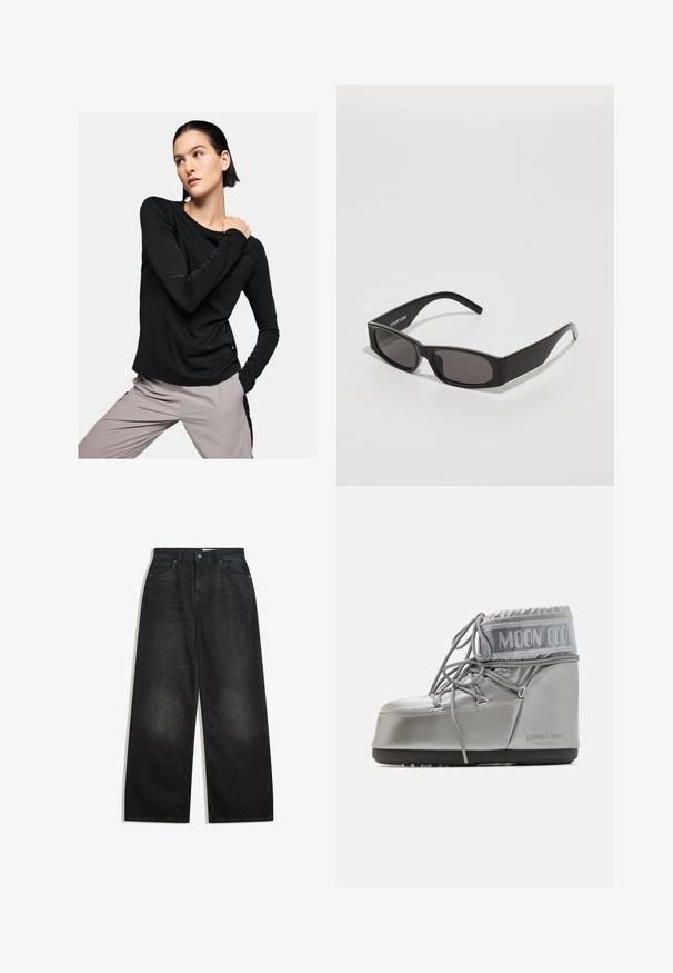 Freaky Nation BESSI - Leren jas - black; Witte gebreide trui met lange mouwen, ronde hals en iets verkorte zoom, plat weergegeven op een witte achtergrond.; Zwarte blouse met lange mouwen in zachte stof, met een ronde halslijn en een getailleerde pasvorm, gecombineerd met lichtgrijze broeken.; Wijde zwarte denim jeans met een hoge taille, voorzien van vijf zakken en een ritssluiting. De stof heeft een gladde textuur met subtiele vervaging.; Zilveren waterdichte boot met een afgeronde vorm, een gestructureerde afwerking en grijze veters. Kenmerkt zich door een opvallend "MOON BOOT" logo op het bovenste deel.; Zwarte rechthoekige zonnebril met donkere glazen, een gladde plastic montuur en een subtiel logo op de linkerarm. Minimalistisch ontwerp.; Tote bag in een tijgerprintpatroon, met een beige basis en zwarte strepen, een gladde textuur en zwarte accenten. Inclusief verstelbare schouderband.