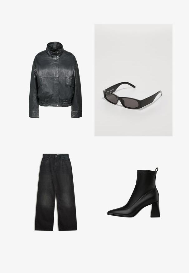 Freaky Nation BESSI - Lederjacke - black; Weißer, langärmeliger Strickpullover mit Rundhalsausschnitt und leicht verkürztem Saum, auf einem weißen Hintergrund flach präsentiert.; Weite schwarze Jeans aus Denim mit hoher Taille, ausgestattet mit fünf Taschen und einem Reißverschluss. Der Stoff hat eine glatte Textur mit subtilen Ausbleichungen.; Stradivarius STRETCH - Stiefelette - black; Schwarze rechteckige Sonnenbrille mit dunklen Gläsern, einem glatten Kunststoffrahmen und einem dezenten Logo am linken Bügel. Minimalistisches Design.; Tote-Bag im Tigermuster, mit beigem Grund und schwarzen Streifen, glatter Textur und schwarzen Akzenten. Verstellbarer Tragegurt enthalten.