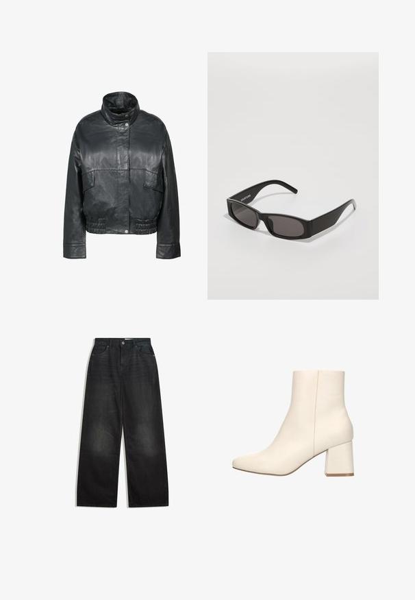 Freaky Nation BESSI - Veste en cuir - black; Pull en tricot blanc à manches longues avec un col rond et un ourlet légèrement court, présenté à plat sur un fond blanc.; Jean en denim noir à jambe large avec une taille haute, comportant cinq poches et un zip. Le tissu a une texture lisse avec une légère décoloration.; Bottines blanches avec un extérieur en cuir lisse, un bout pointu et un talon bloc épais avec un léger accent à la base.; Lunettes de soleil rectangulaires noires avec des verres sombres, une monture en plastique lisse et un logo subtil sur la tige gauche. Design minimaliste.; Sac fourre-tout avec un motif en rayures de tigre, arborant une base beige avec des rayures noires, une texture lisse et des accents noirs. Sangle réglable incluse.