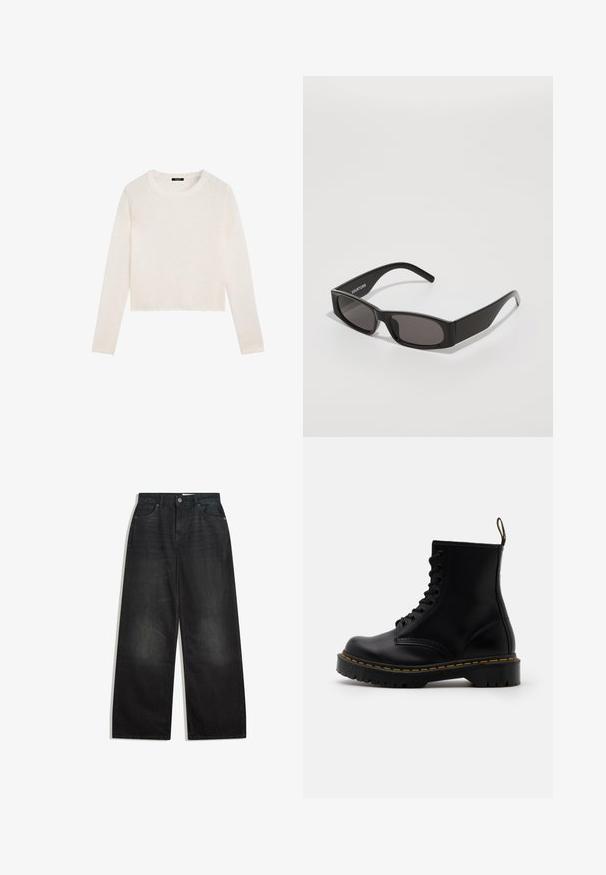 Freaky Nation BESSI - Veste en cuir - black; Pull en tricot blanc à manches longues avec un col rond et un ourlet légèrement court, présenté à plat sur un fond blanc.; Jean en denim noir à jambe large avec une taille haute, comportant cinq poches et un zip. Le tissu a une texture lisse avec une légère décoloration.; Bottines en cuir noir avec un laçage à l'avant, des coutures jaunes, un bout rond et une semelle en caoutchouc épaisse et texturée.; Lunettes de soleil rectangulaires noires avec des verres sombres, une monture en plastique lisse et un logo subtil sur la tige gauche. Design minimaliste.; Sac fourre-tout avec un motif en rayures de tigre, arborant une base beige avec des rayures noires, une texture lisse et des accents noirs. Sangle réglable incluse.