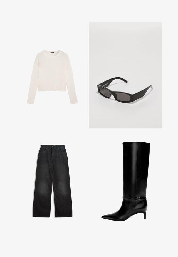 Freaky Nation BESSI czarny; Biały, długi sweter z dzianiny z okrągłym dekoltem i lekko skróconym dołem, zaprezentowany na płaskiej powierzchni na białym tle.; Spodnie dżinsowe o szerokich nogawkach w czarnym kolorze z wysokim stanem, z pięcioma kieszeniami i zasuwakiem. Materiał ma gładką teksturę z delikatnym wyblaknięciem.; Czarne skórzane wysokie botki z ostrym noskiem i niskim obcasem. Posiadają wąski pasek z metalową klamrą wokół kostki. Gładka tekstura.; Czarne prostokątne okulary przeciwsłoneczne z ciemnymi soczewkami, gładką plastikową oprawką oraz subtelnym logo na lewej oprawce. Minimalistyczny design.; Torba na ramię w wzór tygrysiejobandy, z beżową bazą i czarnymi paskami, gładką teksturą i czarnymi akcentami. W komplecie regulowany pasek.