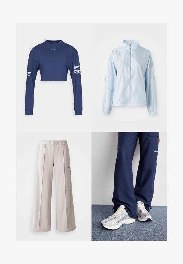 Világoskék, cipzáros kabát magas gallérral, elasztikus mandzsettákkal, finom pillangó hímzéssel az ujjakon, és kis Nike logóval a mellkason.; Tengerészkék, rövidre szabott, hosszú ujjú póló, amely szövetből készült, kerek nyakrésszel és fehér "PRO" felirattal, valamint logónyomattal az ujjakon.; Világosszürke, bő szabású nadrág sima anyagból. Gumírozott derékrésszel és fekete Nike logóval a bal oldalon.; Nike sportcipők ezüst hálós felsőrésszel, fehér kiegészítőkkel és texturált talppal, lazán illeszkedő sötétkék nadrággal párosítva.