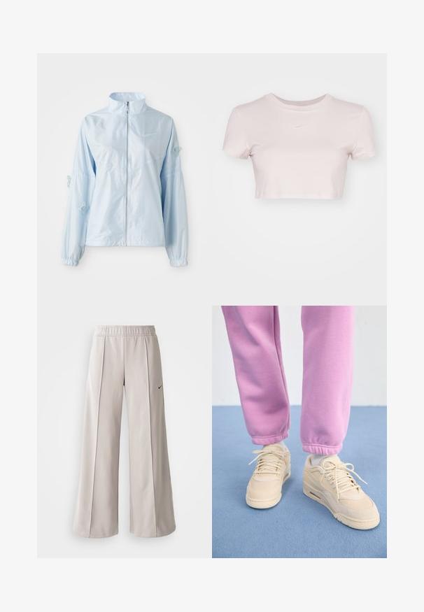Giacca zip-up azzurro chiaro con colletto alto, polsini elastici, delicata ricamo di farfalla sulle maniche e piccolo logo Nike sul petto.; T-shirt accorciato di colore rosa chiaro, realizzato in tessuto morbido. Presenta un collo tondo e maniche corte con un piccolo logo Nike bianco sul petto.; Pantaloni ampi grigio chiaro realizzati in tessuto liscio. Presentano una vita elastica e il logo Nike nero sul lato sinistro.; Sneakers beige con tomaia texturizzata, linguetta imbottita e chiusura con lacci, abbinati a pantaloni della tuta rosa a gamba affusolata con orli a costina.