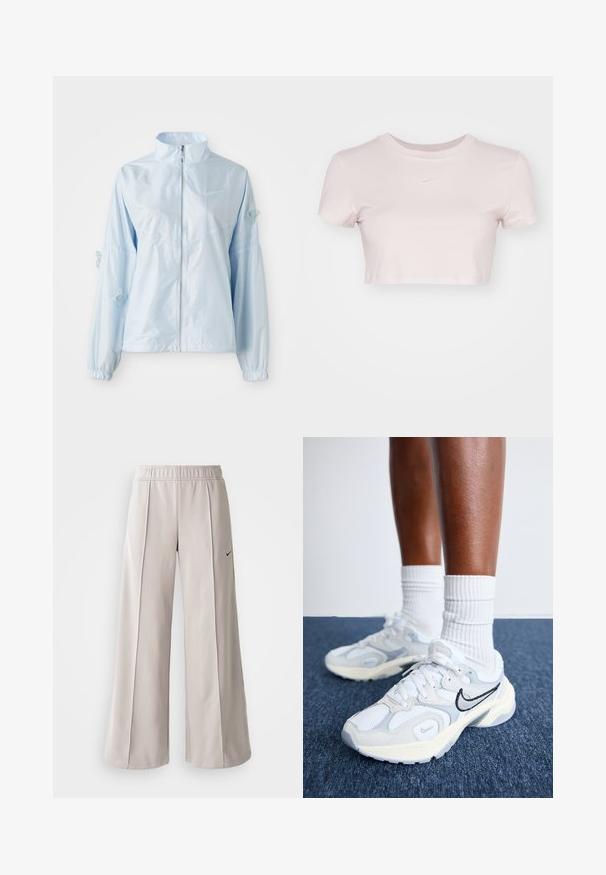Ljusblå zip-up jacka med hög krage, elastiska ärmslut, delikat fjärilsbroderi på ärmarna och liten Nike-logotyp på bröstet.; Kortärmad T-shirt i ljusrosa, tillverkad av mjukt material. Har rundad halsringning och korta ärmar med en liten vit Nike-logotyp på bröstet.; Ljusgrå vida byxor tillverkade av mjukt tyg. Har en elastisk midja och svart Nike-logotyp på vänster sida.; Nike Sportswear AL8 - Sneakers - white/metallic silver/black/sail/wolf grey/photon dust