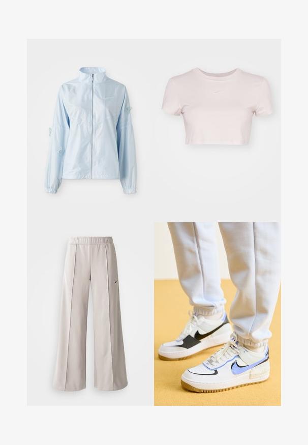 Hele sinine lukuga sulejo, kõrge krae, elastsete mansettidega, õrnate liblikate tikanditega varrukatel ja väike Nike logo rinnal.; Lühikeste varrukatega helesinine lühikesed T-särk, valmistatud pehmest kangast. Omab ümmargust kaelaauku ja rinnal on väike valge Nike logo.; Heledad hallide püksid, mis on valmistatud siledast kangast. Omab elastset vöökohta ja musta Nike logo vasakul küljel.; Nike Sportswear AIR FORCE 1 SHADOW - Tossud - white/royal pulse/black/photon dust/summit white/persian violet