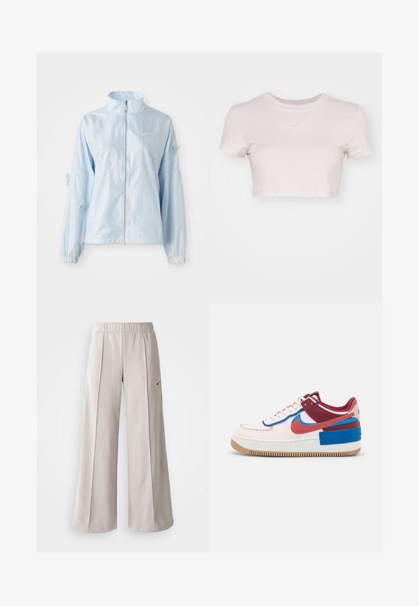 Svijetloplava jakna s patentnim zatvaračem i visokim ovratnikom, elastičnim manžetama, nježnim vezom leptira na rukavima i malim Nike logom na prsima.; Skraćeni majica u svijetlo ružičastoj boji, izrađena od mekog materijala. Ima okrugli izrez i kratke rukave s malim bijelim Nike logotipom na prsima.; Svijetlosive hlače širokih nogavica od glatkog materijala. Imaju elastičnu traku u struku i crni Nike logo na lijevoj strani.; Nike Sportswear AF1 SHADOW - Tenisice - light soft pink/canyon rust/fossil stone/team red/photo blue/blue jay
