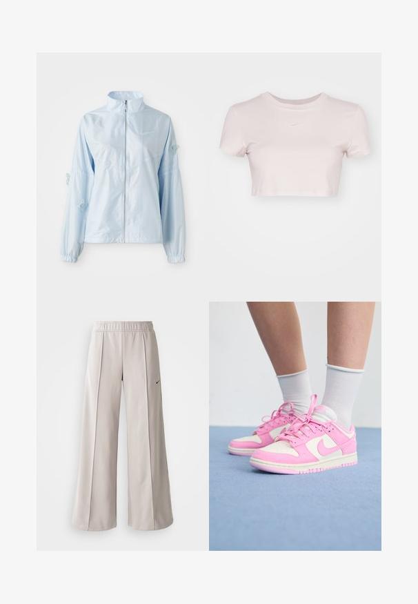Gaiši zils jaku ar rāvējslēdzēju, augstu apkakli, elastīgām piedurknēm, smalku tauriņu izšuvumu uz piedurknēm un nelielu Nike logo uz krūtīm.; Grezno piegriezts T-krekls gaiši rozā krāsā, izgatavots no mīkstas auduma. Tam ir apaļa apmale un īsas piedurknes, ar mazu balto Nike logo krūtīs.; Gaiši pelēkas platas bikses, izgatavotas no gludas auduma. Iezīmēta ar elastīgu jostu un melnu Nike logo kreisajā pusē.; Rozā un baltas sporta apavi, kas izgatavoti no suede un sietspiedes materiāliem, ar apaļiem šņorēm, sānu logotipu un mīkstinātu zoli. Tekstūrēti rozā akcenti.