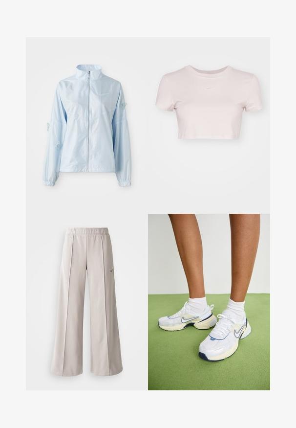 Jachetă bleumarin deschis, cu fermoar, cu guler înalt, manșete elastice, broderie delicată cu fluturi pe mâneci și logo mic Nike pe piept.; Tricou scurt în roz deschis, fabricat dintr-un material moale. Are guler rotund și mâneci scurte, cu un mic logo alb Nike pe piept.; Pantaloni largi de culoare gri deschis, confecționați dintr-un material neted. Au o talie elastică și un logo Nike negru pe partea stângă.; Nike Sportswear V2K RUN - Sneakers low - white/platinum tint/photon dust/summit white/coconut milk/midnight navy