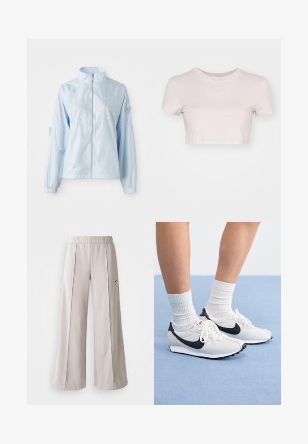 Gaiši zils jaku ar rāvējslēdzēju, augstu apkakli, elastīgām piedurknēm, smalku tauriņu izšuvumu uz piedurknēm un nelielu Nike logo uz krūtīm.; Grezno piegriezts T-krekls gaiši rozā krāsā, izgatavots no mīkstas auduma. Tam ir apaļa apmale un īsas piedurknes, ar mazu balto Nike logo krūtīs.; Gaiši pelēkas platas bikses, izgatavotas no gludas auduma. Iezīmēta ar elastīgu jostu un melnu Nike logo kreisajā pusē.; Baltas sieta auduma kedas ar melnām akcentiem, apaļa purngala forma un plakana gumijas zole. Kombinēti ar ribotām baltām zeķēm.