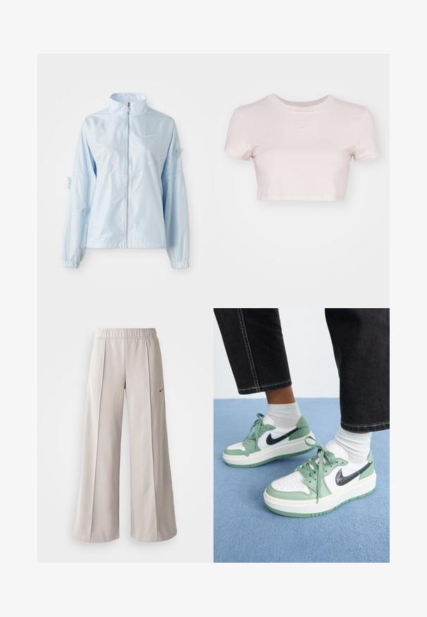 Světlemodrá zipová bunda s vysokým límcem, elastickými manžetami, jemnou výšivkou motýla na rukávech a malým logem Nike na hrudi.; Zkrácený tričko v světle růžové barvě, vyrobené z jemné tkaniny. Má kulatý výstřih a krátké rukávy se malým bílým logem Nike na hrudi.; Světlé šedé široké kalhoty vyrobené z hladké látky. Mají elastický pas a černé logo Nike na levé straně.; Jordan AIR JORDAN 1 ELEVATE - Tenisky - jade smoke/white/anthracite/sail