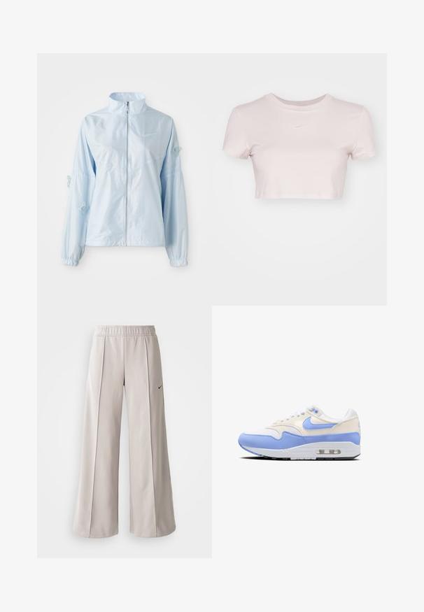 Hellblaue Zip-Jacke mit hohem Kragen, elastischen Bündchen, feiner Schmetterlingsstickerei an den Ärmeln und kleinem Nike-Logo auf der Brust.; Gekürztes T-Shirt in Hellrosa, aus weichem Stoff gefertigt. Verfügt über einen Rundhals-Ausschnitt und kurze Ärmel mit einem kleinen weißen Nike-Logo auf der Brust.; Helle graue, weit geschnittene Hose aus glattem Stoff. Mit einem elastischen Bund und dem schwarzen Nike-Logo auf der linken Seite.; Nike Sportswear AIR MAX - Sneaker low - white royal pulse phantom black