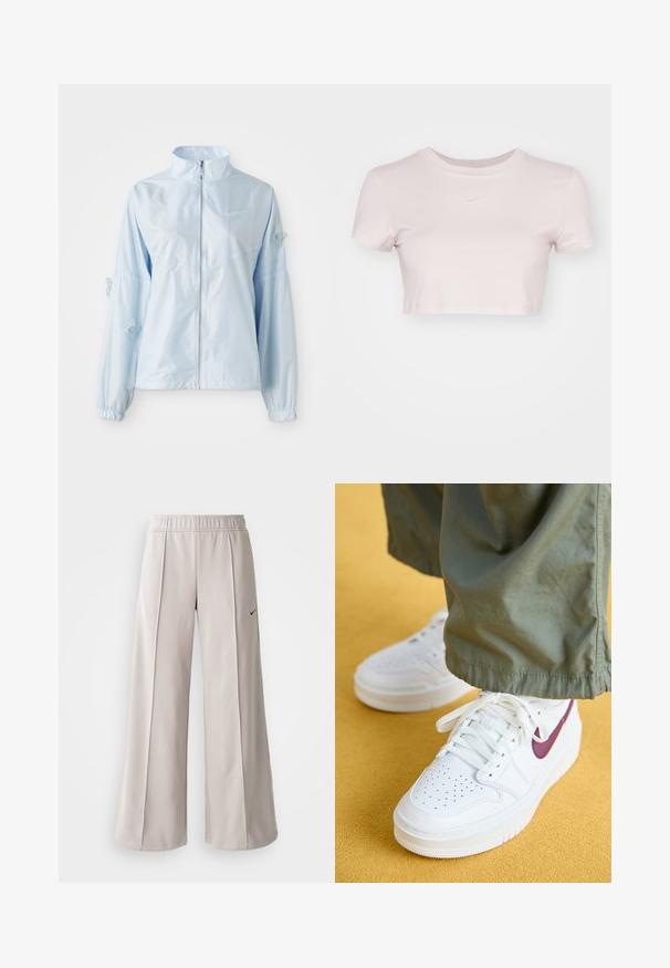 Světlemodrá zipová bunda s vysokým límcem, elastickými manžetami, jemnou výšivkou motýla na rukávech a malým logem Nike na hrudi.; Zkrácený tričko v světle růžové barvě, vyrobené z jemné tkaniny. Má kulatý výstřih a krátké rukávy se malým bílým logem Nike na hrudi.; Světlé šedé široké kalhoty vyrobené z hladké látky. Mají elastický pas a černé logo Nike na levé straně.; Jordan AIR JORDAN 1 ELEVATE - Tenisky - white/bordeaux/white onyx