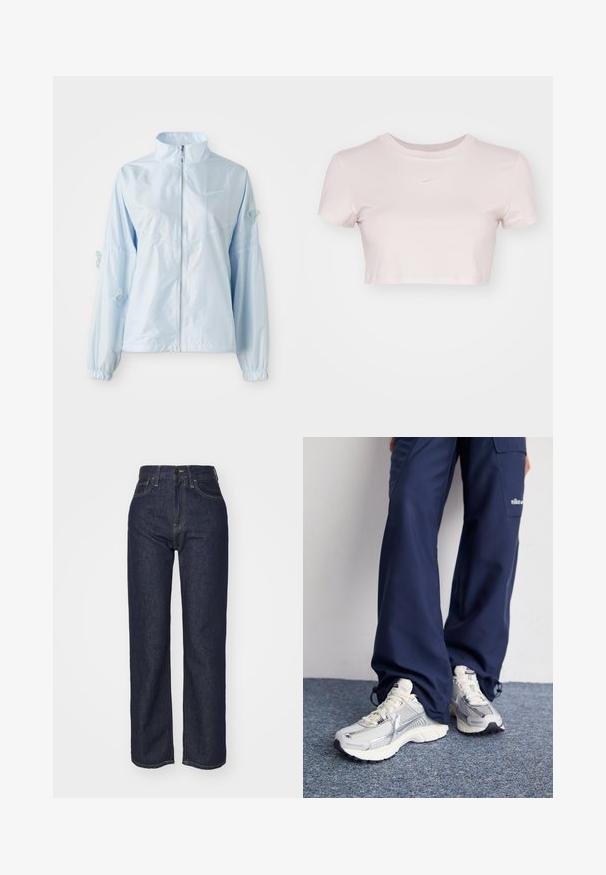 Světlemodrá zipová bunda s vysokým límcem, elastickými manžetami, jemnou výšivkou motýla na rukávech a malým logem Nike na hrudi.; Zkrácený tričko v světle růžové barvě, vyrobené z jemné tkaniny. Má kulatý výstřih a krátké rukávy se malým bílým logem Nike na hrudi.; Tmavě modré džíny s vysokým pasem, rovný střih nohavic, viditelné švy, pět kapes a přední zapínání na knoflík.; Tenisky Nike s vrchní částí ze stříbrné síťoviny, bílými akcenty a texturovanou podrážkou, doplněné o volné námořnické kalhoty.