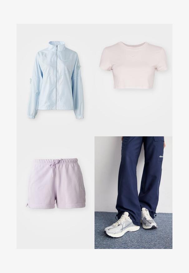 Világoskék, cipzáros kabát magas gallérral, elasztikus mandzsettákkal, finom pillangó hímzéssel az ujjakon, és kis Nike logóval a mellkason.; Rövid ujjú, világos rózsaszín, vágott póló, puha anyagból készült. Kerek nyakkivágással és kis fehér Nike logóval rendelkezik a mellrészen.; Ibolyaszínű pamut rövidnadrág, elasztikus derékkal, zsinórral és oldalsó sliccekkel. A bal combon fehér Jordan logó található.; Nike sportcipők ezüst hálós felsőrésszel, fehér kiegészítőkkel és texturált talppal, lazán illeszkedő sötétkék nadrággal párosítva.