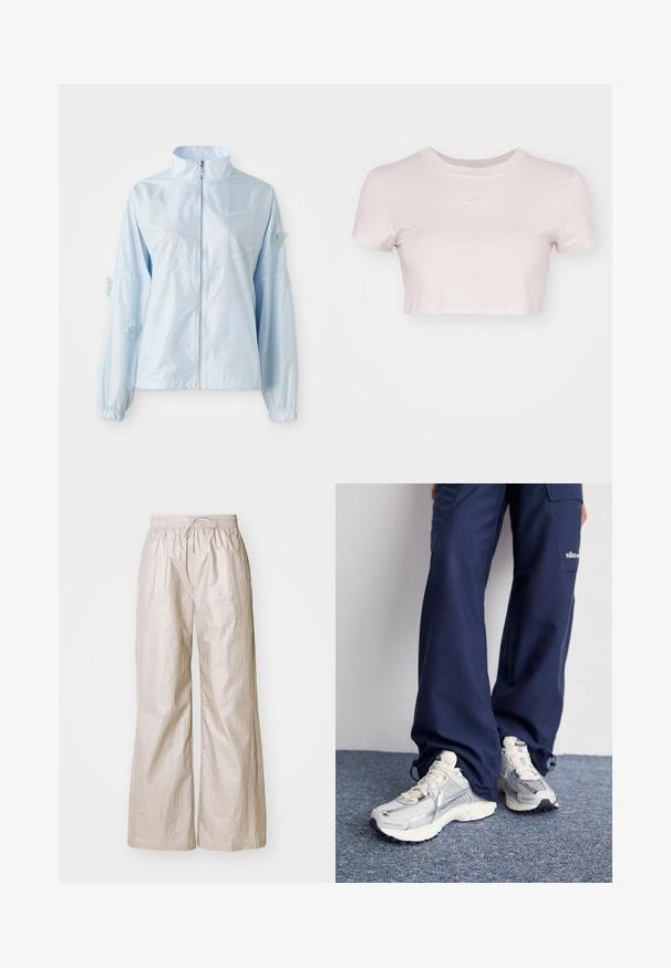 Svijetloplava jakna s patentnim zatvaračem i visokim ovratnikom, elastičnim manžetama, nježnim vezom leptira na rukavima i malim Nike logom na prsima.; Skraćeni majica u svijetlo ružičastoj boji, izrađena od mekog materijala. Ima okrugli izrez i kratke rukave s malim bijelim Nike logotipom na prsima.; Svijetlosmeđe hlače širokih nogavica od naborane tkanine, s elastičnim pojasom i vezicom te bočnim džepovima.; Nike atletske tenisice sa srebrnom mrežom, bijelim naglascima i strukturiranim potplatima, u kombinaciji s širokim tamnoplavim hlačama.