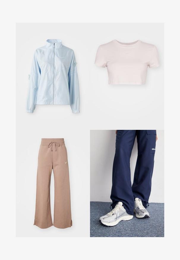 Jachetă bleumarin deschis, cu fermoar, cu guler înalt, manșete elastice, broderie delicată cu fluturi pe mâneci și logo mic Nike pe piept.; Tricou scurt în roz deschis, fabricat dintr-un material moale. Are guler rotund și mâneci scurte, cu un mic logo alb Nike pe piept.; Pantaloni de trening maro, cu croială largă, din material moale, având un brâu cu șnur și un mic logo alb pe șoldul stâng.; Pantofi sport Nike cu un superior din plasă argintie, accente albe și tălpi texturate, asortați cu pantaloni confortabili de culoare marină.