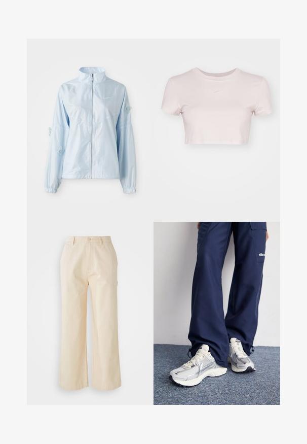 Svijetloplava jakna s patentnim zatvaračem i visokim ovratnikom, elastičnim manžetama, nježnim vezom leptira na rukavima i malim Nike logom na prsima.; Skraćeni majica u svijetlo ružičastoj boji, izrađena od mekog materijala. Ima okrugli izrez i kratke rukave s malim bijelim Nike logotipom na prsima.; Svijetloplave široke hlače od pamuka s glatkom teksturom, s prednjim kopčanjem na gumb i bočnim džepovima.; Nike atletske tenisice sa srebrnom mrežom, bijelim naglascima i strukturiranim potplatima, u kombinaciji s širokim tamnoplavim hlačama.