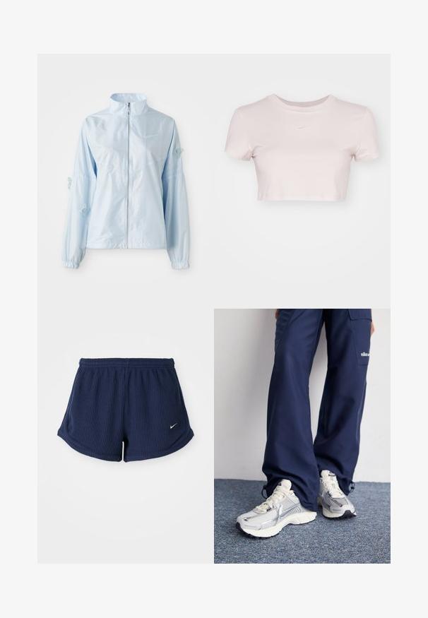 Jasnoniebieska kurtka zapinana na zamek z wysokim kołnierzem, elastycznymi mankietami, delikatnym haftem motyla na rękawach oraz małym logo Nike na piersi.; Przycięta koszulka w jasnym różu, wykonana z miękkiego materiału. Posiada okrągły dekolt i krótkie rękawy z małym białym logo Nike na klatce piersiowej.; Granatowe, ryflowane szorty sportowe z elastycznym pasem, z małym białym logo Nike na dolnej stronie. Miękki w dotyku materiał.; Buty sportowe Nike z górą z siateczki w kolorze srebrnym, białymi akcentami i teksturowanymi podeszwami, w połączeniu z luźnymi granatowymi spodniami.