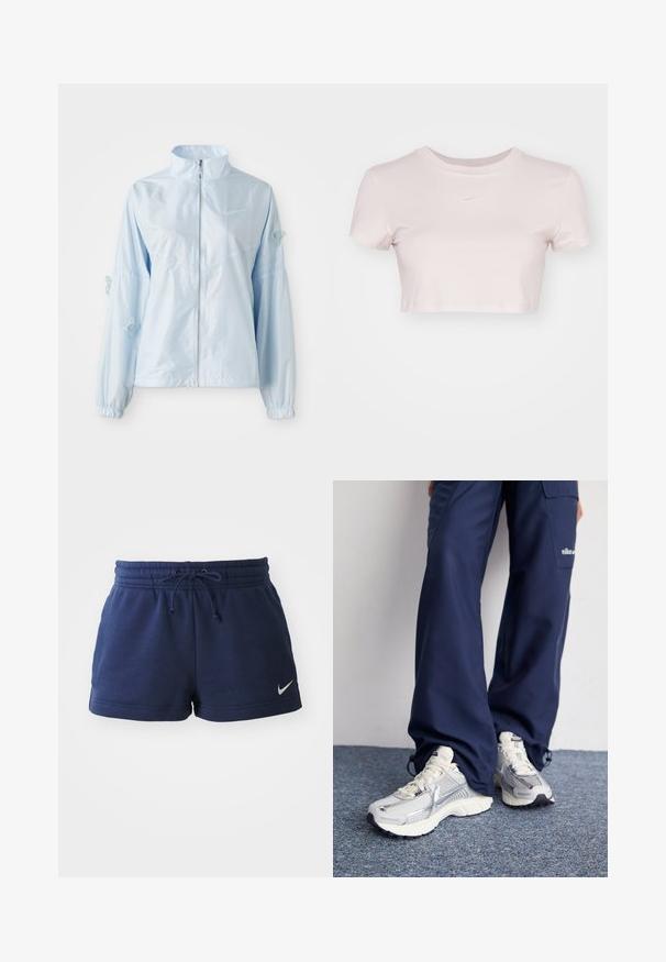 Svetlo modrá bundu na zips s vysokým golierom, elastickými manžetami, jemnou výšivkou motýľa na rukávoch a malým logom Nike na hrudi.; Skraćené tričko svetloružovej farby, vyrobené z mäkkej tkaniny. Má okrúhly výstrih a krátke rukávy s malým bielym logom Nike na hrudi.; Tmavomodré bavlnené šortky s elastickým pásom, nastaviteľnou šnúrkou na stiahnutie a bočnými rozparkami. Na leme sa nachádza malé biele logo Nike.; Športové topánky Nike s strieborným sieťovaným zvrškom, bielymi detailmi a textúrovanými podrážkami, skombinované s voľnými námorníckymi nohavicami.