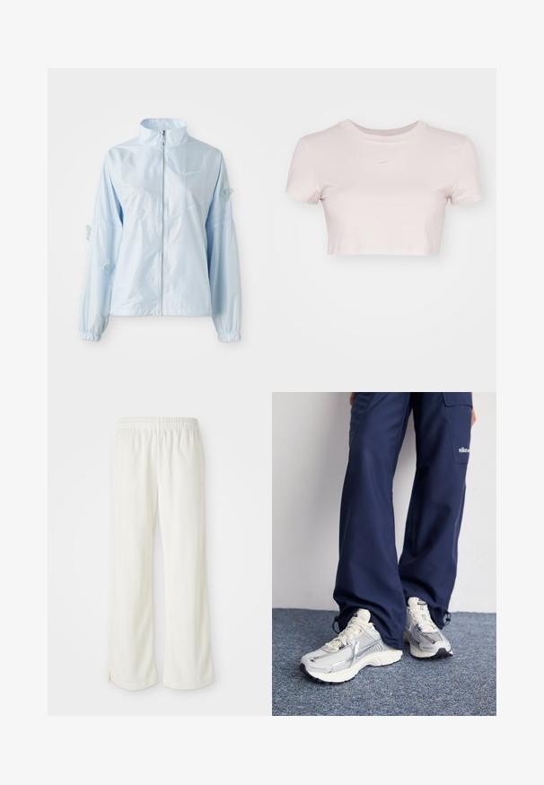 Gaiši zils jaku ar rāvējslēdzēju, augstu apkakli, elastīgām piedurknēm, smalku tauriņu izšuvumu uz piedurknēm un nelielu Nike logo uz krūtīm.; Grezno piegriezts T-krekls gaiši rozā krāsā, izgatavots no mīkstas auduma. Tam ir apaļa apmale un īsas piedurknes, ar mazu balto Nike logo krūtīs.; Krēmkrāsas bikses ar platām kājām, izgatavotas no viegla materiāla, ar vertikālām svītrām un elastīgu jostu.; Nike sporta apavi ar sudraba sietu augšdaļu, baltām akcentiem un teksturētām zolēm, saskaņoti ar brīviem zila toņa biksēm.