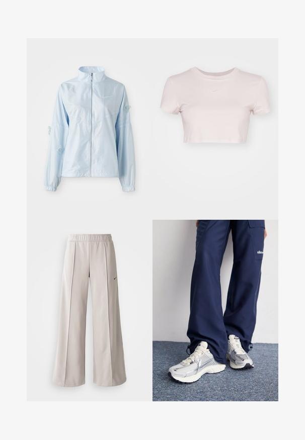 Šviesiai mėlynas užtrauktuku užsegamas džemperis su aukštu apykakle, elastingomis rankovėmis, subtiliais drugelių siuvinėjimais ant rankovių ir mažuoju Nike logotipu ant krūtinės.; Šviesiai rožinė trumpa marškinė, pagaminta iš minkštos medžiagos. Turi apvalų kaklą ir trumpas rankoves, su mažu baltu Nike logotipu ant krūtinės.; Šviesiai pilki plačių kojų kelnės, pagamintos iš lygaus audinio. Turi elastingą juosmenį ir juodą Nike logotipą kairėje pusėje.; Nike sportiniai batai su sidabro spalvos tinklu, baltais akcentais ir tekstūruotais pado, derinami su laisvais tamsiai mėlynais kelnais.