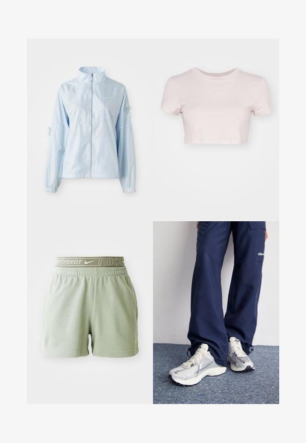 Šviesiai mėlynas užtrauktuku užsegamas džemperis su aukštu apykakle, elastingomis rankovėmis, subtiliais drugelių siuvinėjimais ant rankovių ir mažuoju Nike logotipu ant krūtinės.; Šviesiai rožinė trumpa marškinė, pagaminta iš minkštos medžiagos. Turi apvalų kaklą ir trumpas rankoves, su mažu baltu Nike logotipu ant krūtinės.; Šviesiai žali medvilniniai šortai su elastingu juosmeniu, ant kurio pavaizduota balta Nike logotipas ir "sportswear" tekstas. Minkšta tekstūra, laisvas kirpimas ir paprastas dizainas.; Nike sportiniai batai su sidabro spalvos tinklu, baltais akcentais ir tekstūruotais pado, derinami su laisvais tamsiai mėlynais kelnais.