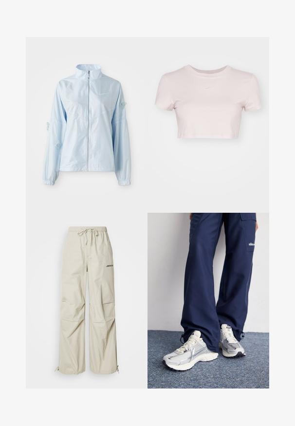 Hele sinine lukuga sulejo, kõrge krae, elastsete mansettidega, õrnate liblikate tikanditega varrukatel ja väike Nike logo rinnal.; Lühikeste varrukatega helesinine lühikesed T-särk, valmistatud pehmest kangast. Omab ümmargust kaelaauku ja rinnal on väike valge Nike logo.; Beezhides, laiad puusad kerge kangaga. Omab elastset vöökohta, millel on pael ja külgedel trükitud logo.; Nike spordijalatsid hõbedase võrkkanga ülaosaga, valgete aktsentidega ja tekstuuriga tallad, koos laia lõikega tumesiniste pükstega.