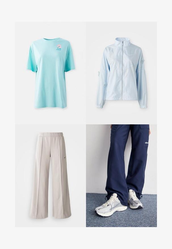Jachetă bleumarin deschis, cu fermoar, cu guler înalt, manșete elastice, broderie delicată cu fluturi pe mâneci și logo mic Nike pe piept.; Tricou din bumbac de culoare bleu deschis, cu mâneci scurte și guler rotund. Prezintă un fluture roz și un logo imprimate în partea stângă sus a pieptului. Textură moale.; Pantaloni largi de culoare gri deschis, confecționați dintr-un material neted. Au o talie elastică și un logo Nike negru pe partea stângă.; Pantofi sport Nike cu un superior din plasă argintie, accente albe și tălpi texturate, asortați cu pantaloni confortabili de culoare marină.