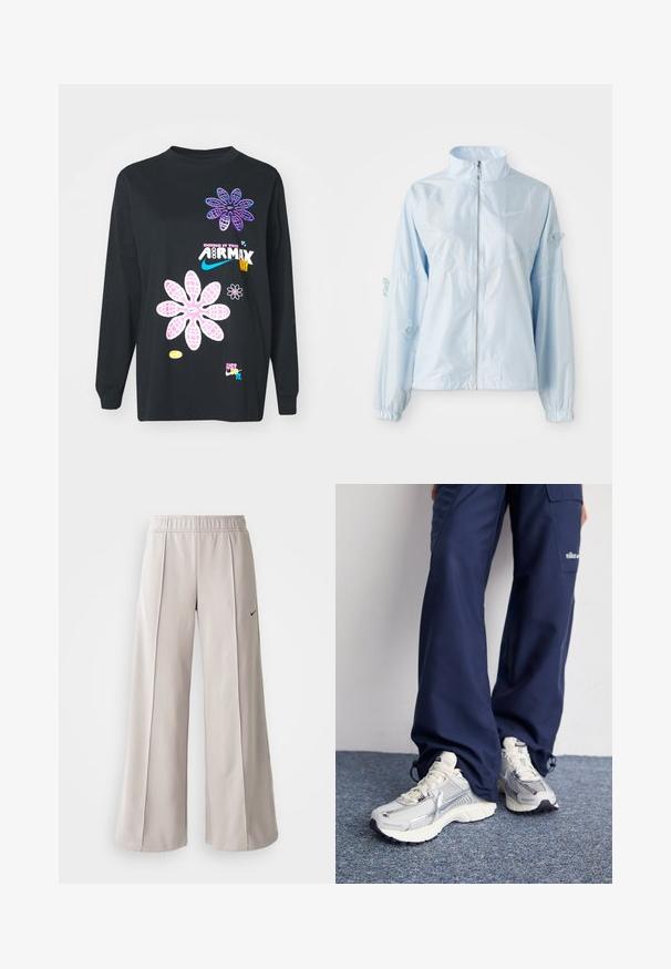 Šviesiai mėlynas užtrauktuku užsegamas džemperis su aukštu apykakle, elastingomis rankovėmis, subtiliais drugelių siuvinėjimais ant rankovių ir mažuoju Nike logotipu ant krūtinės.; Juodų ilgų rankovių marškiniai, kuriuose yra spalvingi gėlių grafikai ir tekstas, įskaitant „DARYKITE TAI AIRMAX BŪDU“ ir „TIESIOG DARYKITE TAI.“; Šviesiai pilki plačių kojų kelnės, pagamintos iš lygaus audinio. Turi elastingą juosmenį ir juodą Nike logotipą kairėje pusėje.; Nike sportiniai batai su sidabro spalvos tinklu, baltais akcentais ir tekstūruotais pado, derinami su laisvais tamsiai mėlynais kelnais.