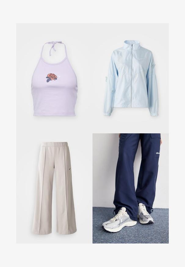Gaiši zils jaku ar rāvējslēdzēju, augstu apkakli, elastīgām piedurknēm, smalku tauriņu izšuvumu uz piedurknēm un nelielu Nike logo uz krūtīm.; Lillā halter stila topiņš, kas izgatavots no kokvilnas, ar rozes izšuvumu oranžā un tumši zilā krāsā, ar sasiešanas aizdari kaklā.; Gaiši pelēkas platas bikses, izgatavotas no gludas auduma. Iezīmēta ar elastīgu jostu un melnu Nike logo kreisajā pusē.; Nike sporta apavi ar sudraba sietu augšdaļu, baltām akcentiem un teksturētām zolēm, saskaņoti ar brīviem zila toņa biksēm.