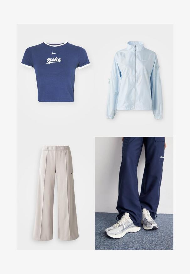 Ανοιχτό μπλε τζάκετ με φερμουάρ και ψηλό κολάρο, ελαστικές μανσέτες, λεπτή κεντημένη πεταλούδα στις μανίκες και μικρό λογότυπο Nike στο στήθος.; Σαλοπέτα ναυτικού μπλε σε cropped σχέδιο, κατασκευασμένη από βαμβάκι, με λευκό ραμμένο στρογγυλό λαιμό, κοντά μανίκια και μεγάλο λευκό λογότυπο Nike.; Ανοιχτό γκρι παντελόνια με φαρδιά γραμμή, κατασκευασμένα από απαλό ύφασμα. Διαθέτουν ελαστική μέση και μαύρο λογότυπο Nike στη αριστερή πλευρά.; Αθλητικά παπούτσια Nike με ασημένιο δίχτυ επάνω, λευκές λεπτομέρειες και υφασμάτινες σόλες, σε συνδυασμό με χαλαρούς ναυτικούς παντελονιού.