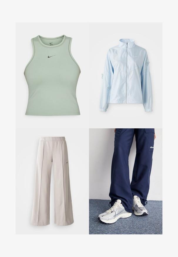 Lys blå zip-up jakke med høy krage, elastiske mansjetter, delikat sommerfuglbroderi på ermene og liten Nike-logo på brystet.; Lys grønn ermeløs treningstop laget av glatt stoff. Har en liten svart Nike-logo på fronten og subtile sømdetaljer.; Lys grå vide bukser lavet af glat stof. Har en elastisk talje og sort Nike-logo på venstre side.; Nike treningssko med sølvfarget mesh-overdel, hvite detaljer og teksturerte såler, kombinert med løse mørkeblå bukser.
