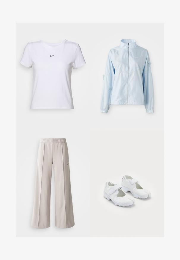 Hele sinine lukuga sulejo, kõrge krae, elastsete mansettidega, õrnate liblikate tikanditega varrukatel ja väike Nike logo rinnal.; Valge puuvillane t-särk ringkaelusega ja lühikeste varrukatega, mille esiküljel on väike must Nike'i sirmulogos.; Heledad hallide püksid, mis on valmistatud siledast kangast. Omab elastset vöökohta ja musta Nike logo vasakul küljel.; Valged sportlikud jalanõud, millel on tekstureeritud pealispind, reguleeritav Velcro rihm, ümar varvas ja paks tallaga, millel on selge mustrimuster.